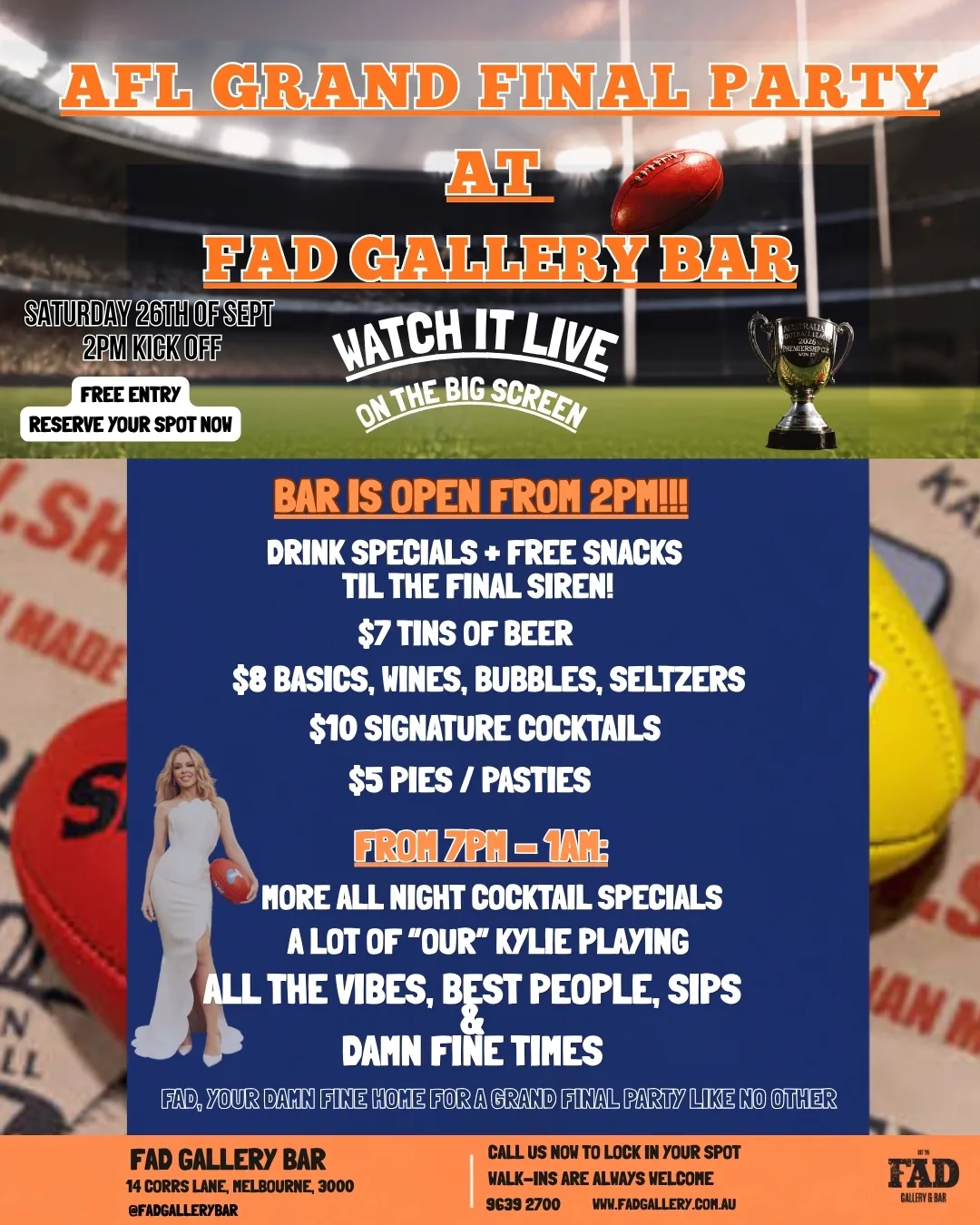 FAD 2026 Grand Final Bash: Footy, Kylie, Brews, Cocktails & Snacks All Day — Watch Live on the Big Screen at FAD Gallery Bar, Free Entry, Drink Specials 2pm–1am, Melbourne