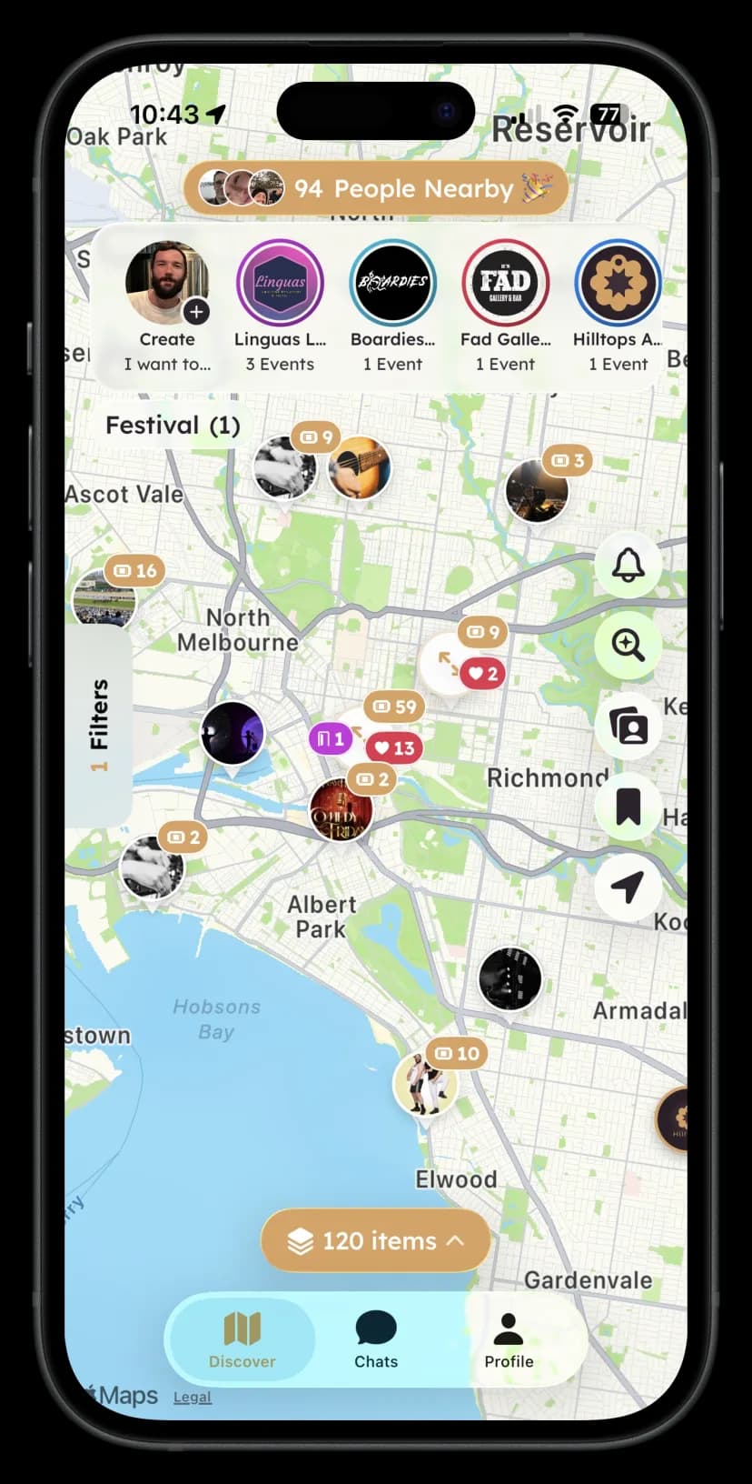 Hilltops map view showing events nearby