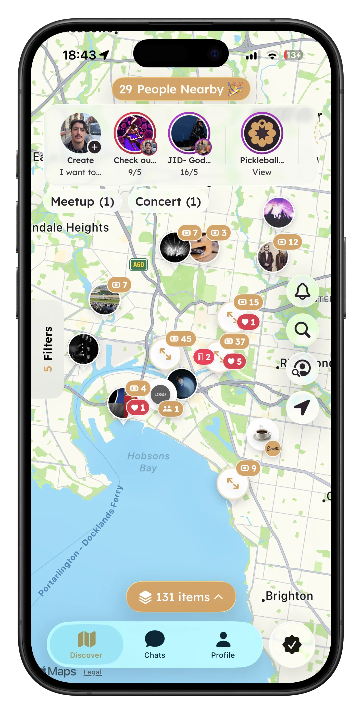 Hilltops map view showing events nearby